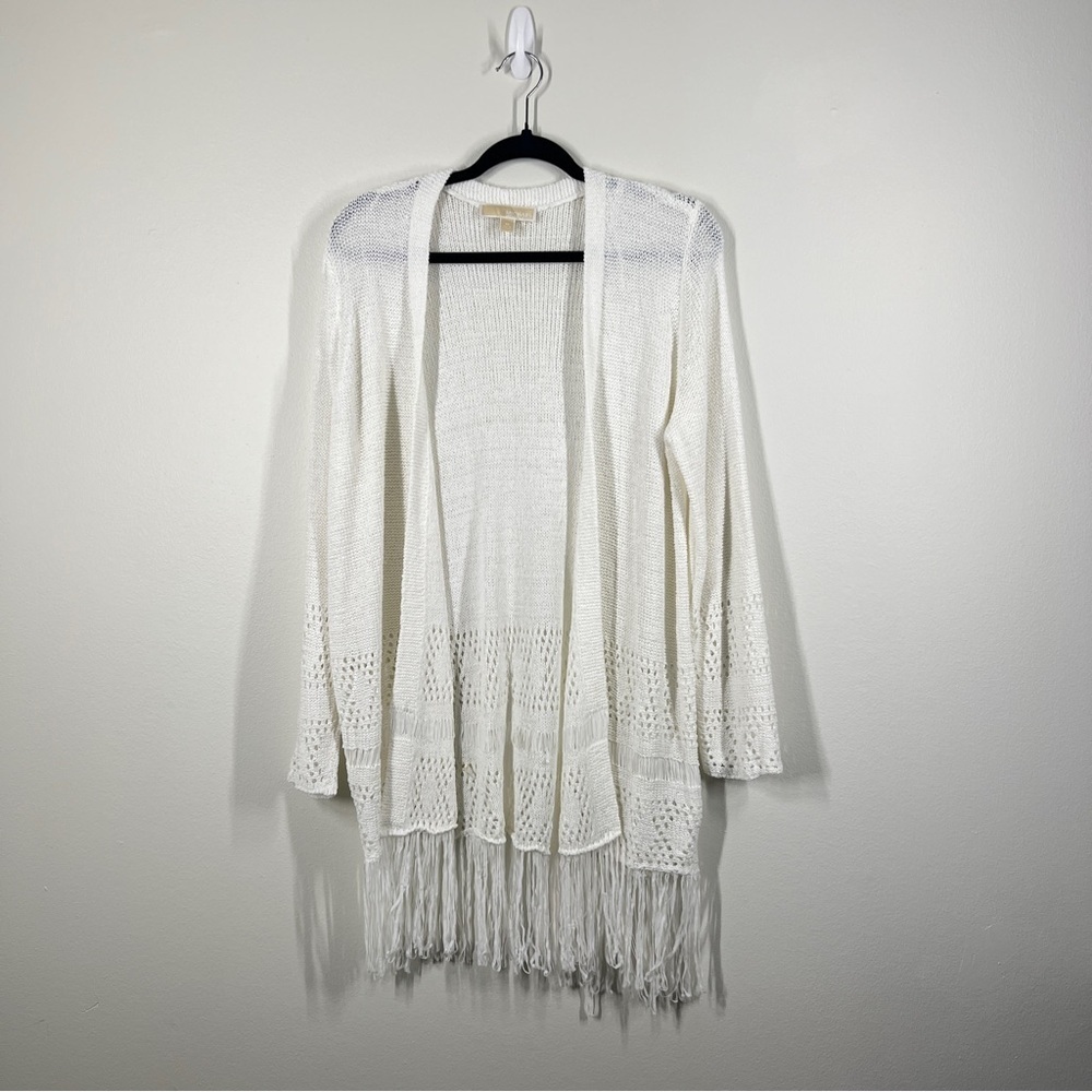 Michael Kors Size M Womens White Knit Lace Fringe Cardigan